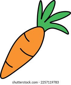 A simple cartoon drawing of a carrot, thick black outline, orange and green illustration for kids.