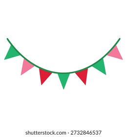A simple cartoon drawing features a colorful triangle pennant banner strung along a green cord. The pennants are in pink, green, and red, for festive decorations.
