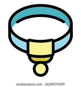 Simple cartoon drawing of a light blue dog collar with a yellow address tag and round medallion hanging from it