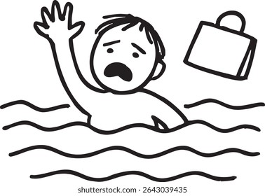 A simple cartoon drawing of a man drowning in water, with a briefcase floating beside him.