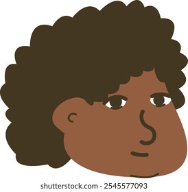 Simple cartoon drawing of a person's head with curly hair, neutral expression, and dark skin.