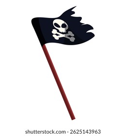 Simple cartoon drawing of a waving black pirate flag with skull and crossbones