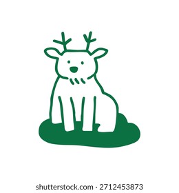 Um desenho animado simples de um veado branco com chifres sentados em uma forma verde.
