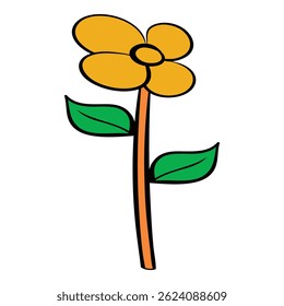 Simple cartoon drawing of a yellow flower with green leaves, isolated on white background