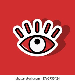 Simple Cartoon Eye Sticker With Eyelash And Red Color. Eps 10 Vector