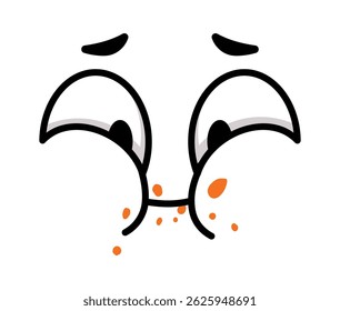 Cara de dibujos animados simple escupiendo migas de naranja mientras se mira hacia arriba con una expresión de disgusto, ideal para transmitir conceptos como mala calidad de los alimentos, indigestión o disgusto