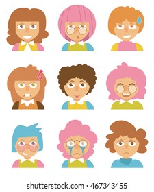 Simple cartoon faces. Flat style. Emotions, fun, happy, joyful, sad, unhappy, surprised, scared, crying. Red, brunet, blue, pink