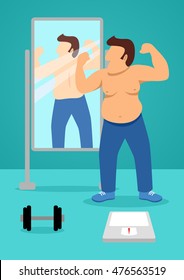 Simple cartoon of a fat man looking himself in standing mirror as he checks of his body after exercise. Diet, overweight concept