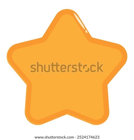 Simple cartoon five pointed star with rounded corners is shining brightly in a solid orange color