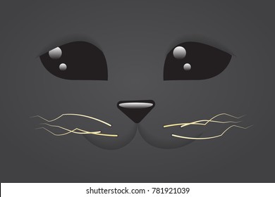 Simple cartoon flat cat face closeup on a black background. Vector Illustration.