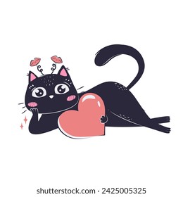 simple cartoon flat cat in love lies on its side and hugs a big heart with its tail