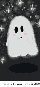 Simple cartoon flat hand drawn ghost with cute smile. Spooky Halloween symbol with shining and starring on black background.