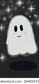 Simple cartoon flat hand drawn ghost with cute smile. Spooky Halloween symbol with shining and starring.
