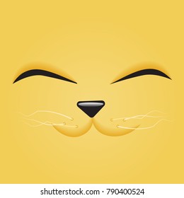 Simple cartoon flat happy smile pet cat face close up on a yellow background. Vector Illustration. Square Emoji