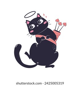 Simple cartoon flat love cat cupid with arrows lying on his back