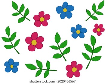 Einfache Cartoon-Blumenmuster. Textur von rosafarbenen und blauen Vektorblumen und grünen Blättern