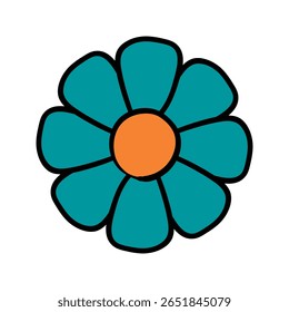 Simple cartoon flower with teal petals and an orange center, outlined in black.