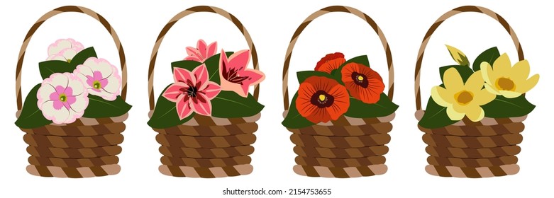 Simple cartoon flowers in brown wicker baskets. Bright summer colors, vector illustration.