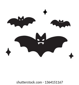 Simple cartoon flying bats with vampire fangs. Funny Halloween night drawing, isolated vector illustration.
