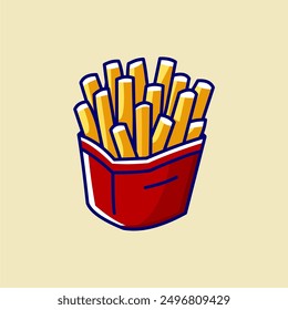 The simple cartoon French fries icon features pieces of golden yellow French fries in a bright red container with bold borders and bold colors, giving a cute and appetizing impression.