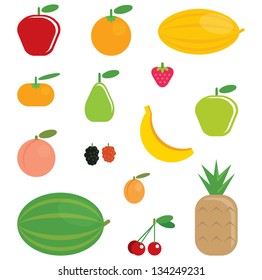 Simple cartoon fruits collection of orange, apple, banana, pear, watermelon, strawberry, pineapple, cherries, peach,apricot, berries, melon, and tangerine