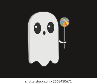 Simple cartoon ghost with a rainbow swirl lollipop on a dark background. Playful and minimal Halloween design. Vector illustration.