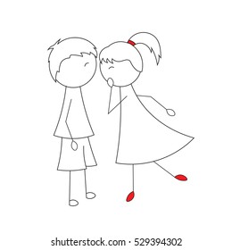 Simple cartoon girl boy whispers a secret in his ear.
