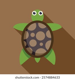 Simple cartoon of a green turtle with brown shell walking having fun