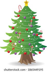 Simple cartoon hand drawn vector Christmas tree with ornaments