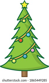 Simple cartoon hand drawn vector Christmas tree with ornaments