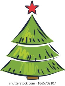 Simple cartoon hand drawn vector Christmas tree with ornaments