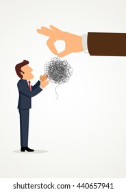 Simple cartoon of a hand giving tangled threads to a businessman, business, difficult task, challenge, problem solving concept