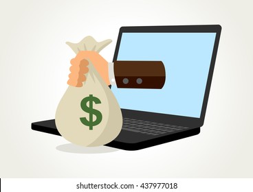 Simple cartoon of a hand holding money bag comes out from computer lap top screen, online, business concept