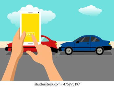 Simple Cartoon Of Hand Ready To Call Using A Cellular Phone After Car Accident