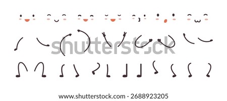 Simple cartoon hands legs face. Kawaii style face elements, cute emotions. Feet and arms in various poses for different characters, vector clipart