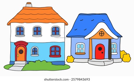 A simple cartoon house with blue walls, a white roof, and a red door. Perfect for real estate or home-themed sticker packs.