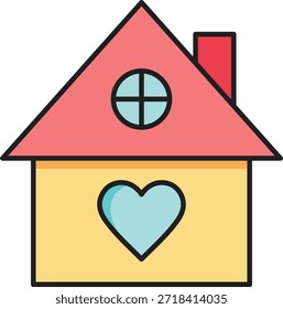 Simple cartoon house with heart window and red roof home building