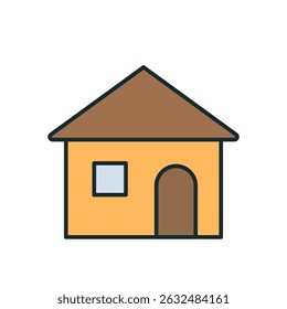 Simple cartoon house icon with brown roof, yellow walls, window and door on white background