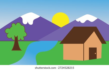 Desenho de Sol em Árvore de Animação Simples. Simples paisagem de desenhos animados coloridos com uma casa, árvore e sol, ilustração infantil usando formas básicas para a aprendizagem e educação das crianças.
