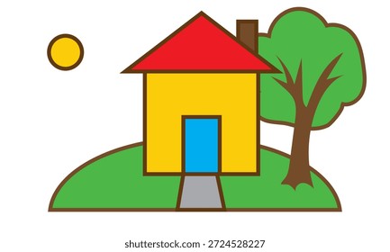 Einfache Cartoon House Tree Sun Zeichnung. Einfache bunte Zeichentricklandschaft mit einem Haus, Baum und Sonne, kindliche Illustration mit grundlegenden Formen für das Lernen und Erziehen von Kindern.