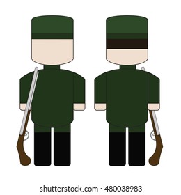 Simple cartoon hunter in a green uniform with a gun.
