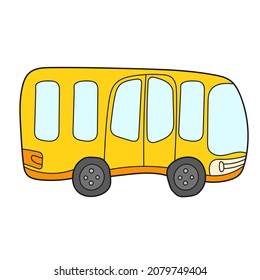 Simple cartoon icon. Cartoon compact yellow school bus with big windows on white. Can be used as a card in the game