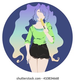 simple cartoon icon with girl and icecream in shorts and shirt on circle background