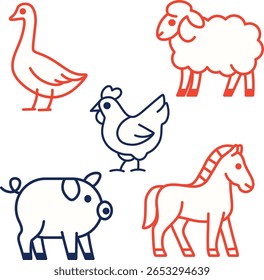 Simple Cartoon Icon Illustration of Farm Animals