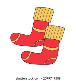 Einfaches Cartoon-Symbol. Bild für Kinder, warme Kniessocken auf weiß. Rot und Gelb