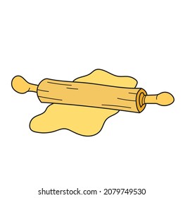 Simple cartoon icon. Kitchen - Rolling pin and dough. Vector hand drawn illustration on white