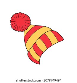 Einfaches Cartoon-Symbol. Gezwirnter roter und gelber Hut mit pom-pom Vektorsymbol. Warme Kopfbedeckungen, Wintertuch