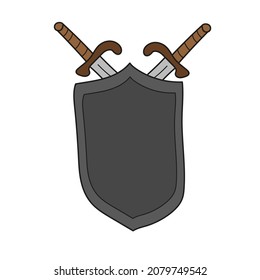 Un simple icono de caricatura. Espada y escudo medieval. Ilustración dibujada a mano del vector en blanco
