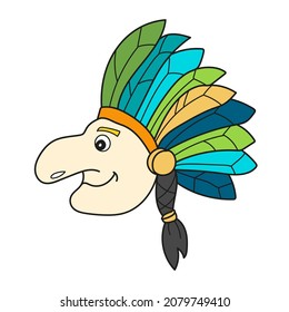 Simple cartoon icon. Native Indian man with feather headdress on white