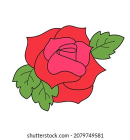 Simple cartoon icon. Red simple rose. Vector hand drawn illustration on white